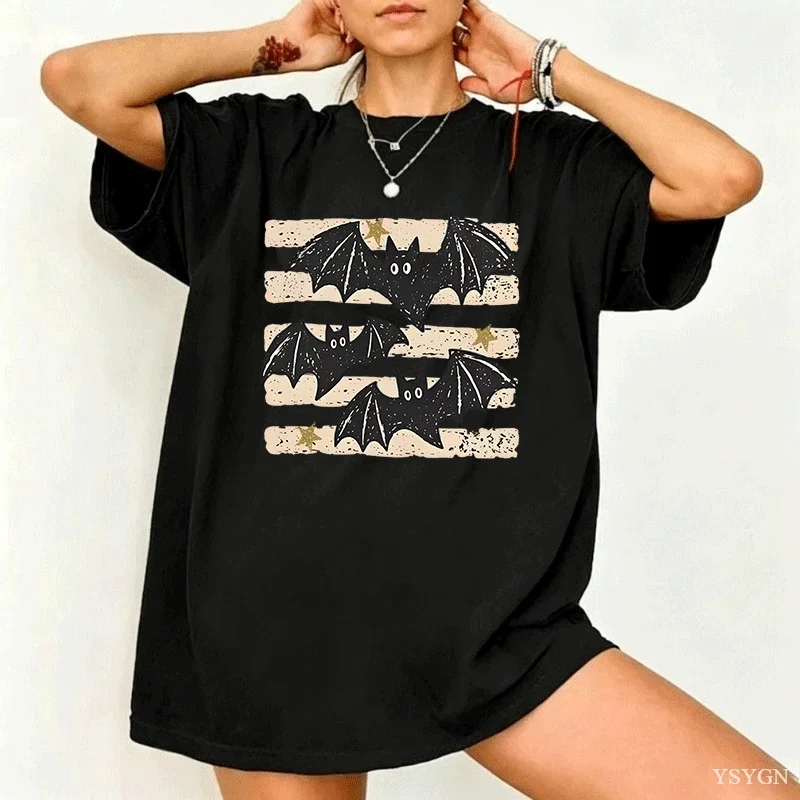 Women's T-Shirts Vintage Bat Halloween Shirts Retro Spooky Season Tee Boho Witchy Goth Apparel Halloween Party Family Tops Gift