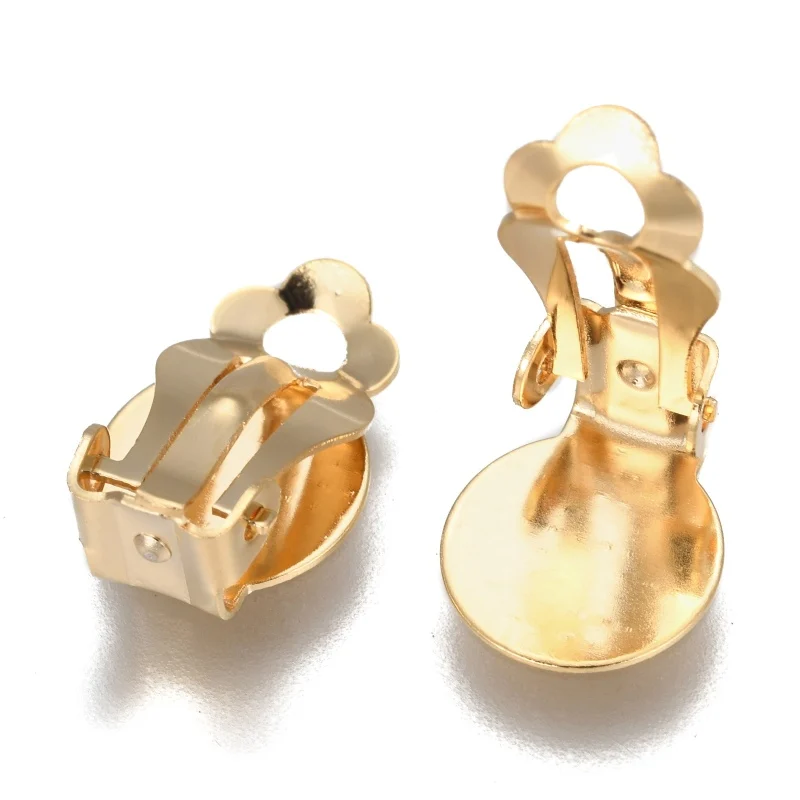 4pc 304 Stainless Steel Clip-on Earring Findings with Round Flat Pad Flat Round Golden Tray: 9.8mm 16x10x7mm