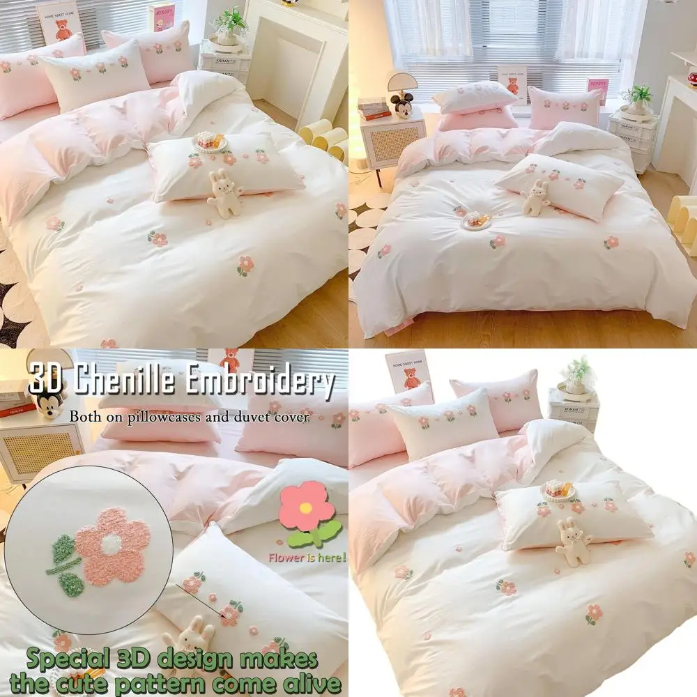 

Queen Size Cotton Duvet Cover Set, 3D Floral Embroidery, Plush Chenille Bedding, Breathable & Sweat-Absorbent for Girls, Teens (