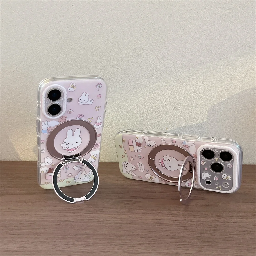 Kawaii Cartoon Miffy Rabbit Rotation Stand Phone Case For iPhone 17 Pro 16 15 Pro Max Cover Shockproof Protective New Cases Cove