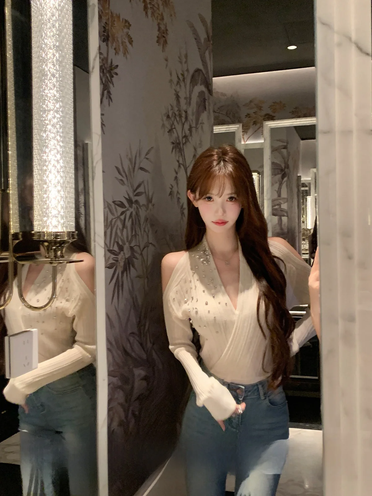 

Вязаный шерстяной свитер Yoyozhang Zhang Yuyu с V-образным вырезом, женский, весенний, приталенный, повседневный, с длинным рукавом, трикотажный джемпер