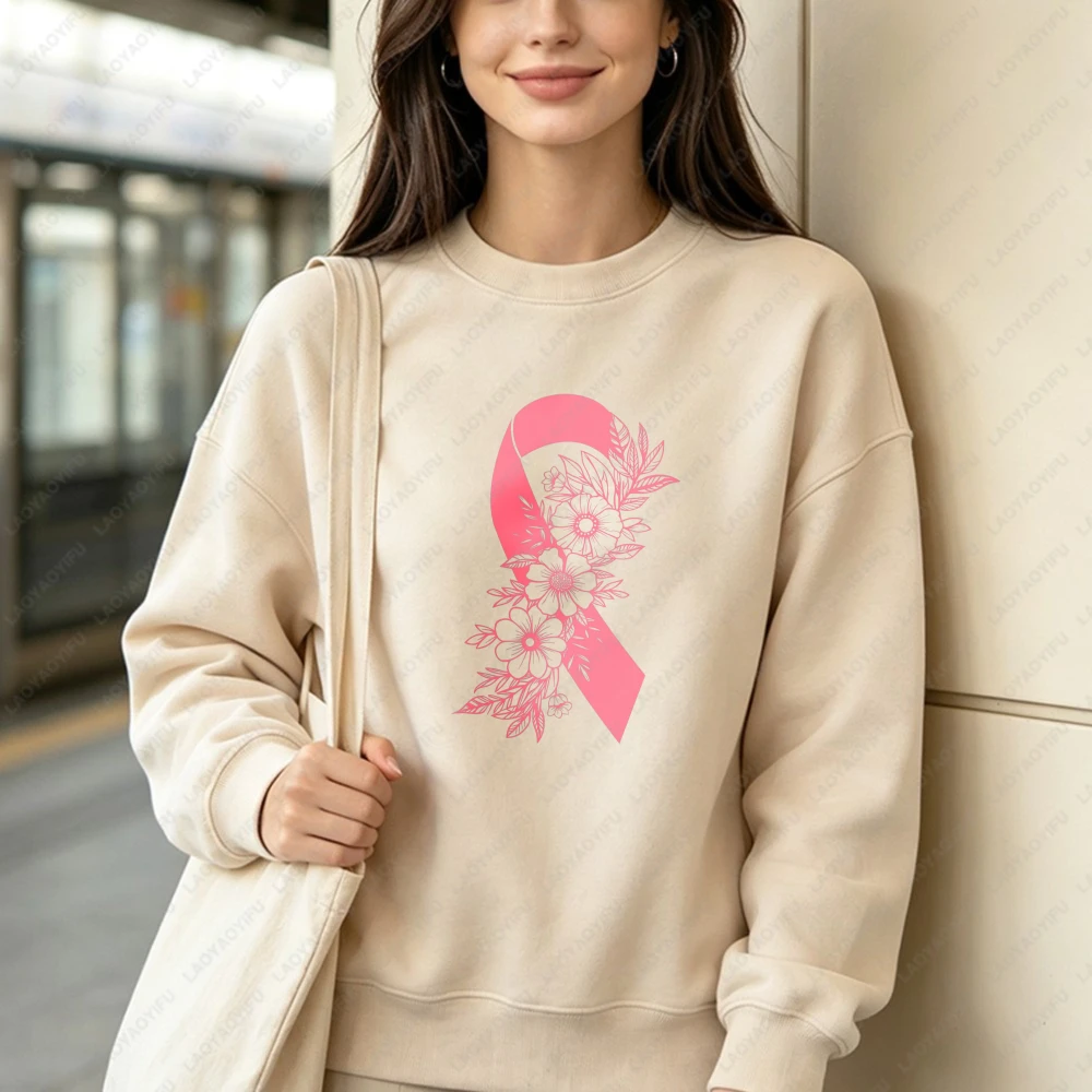 Breast Cancer Awareness Pullovers Survivor Support Sweater Caregiver Gift Pink October Floral Pink Ribbon Unisex Crewneck Hoody