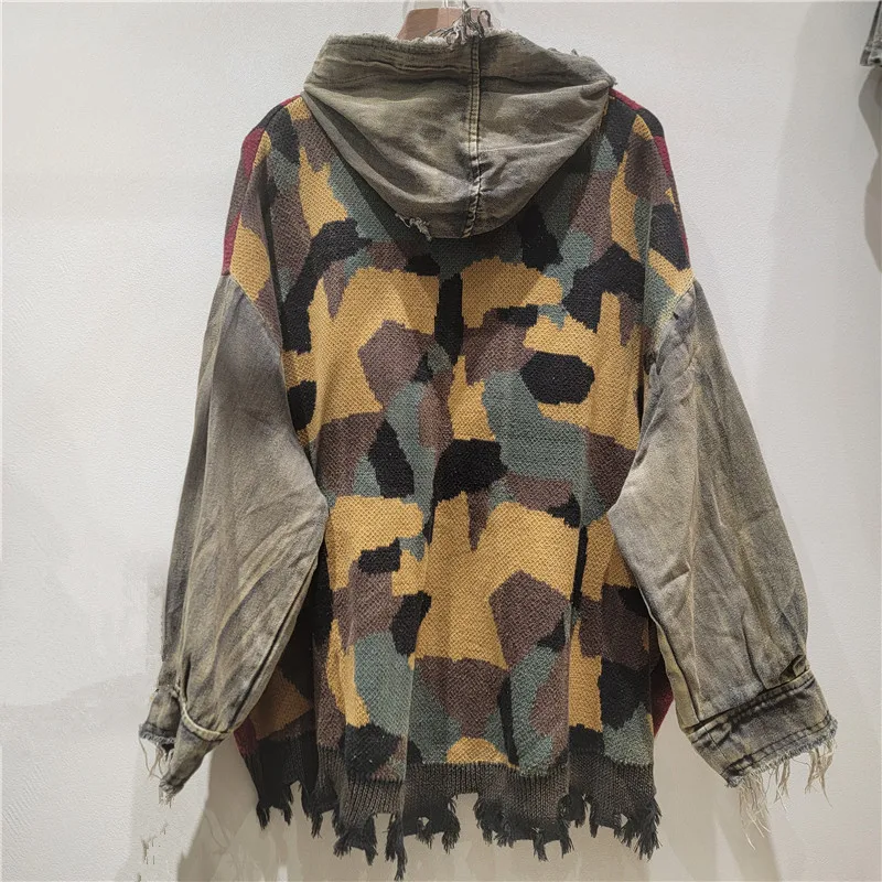ANJY Autumn Winter New Women Fashion Versatile Color-blocked Knitted Distressed Ripped Denim Hooded Coat Trend Ins Jacket A26307