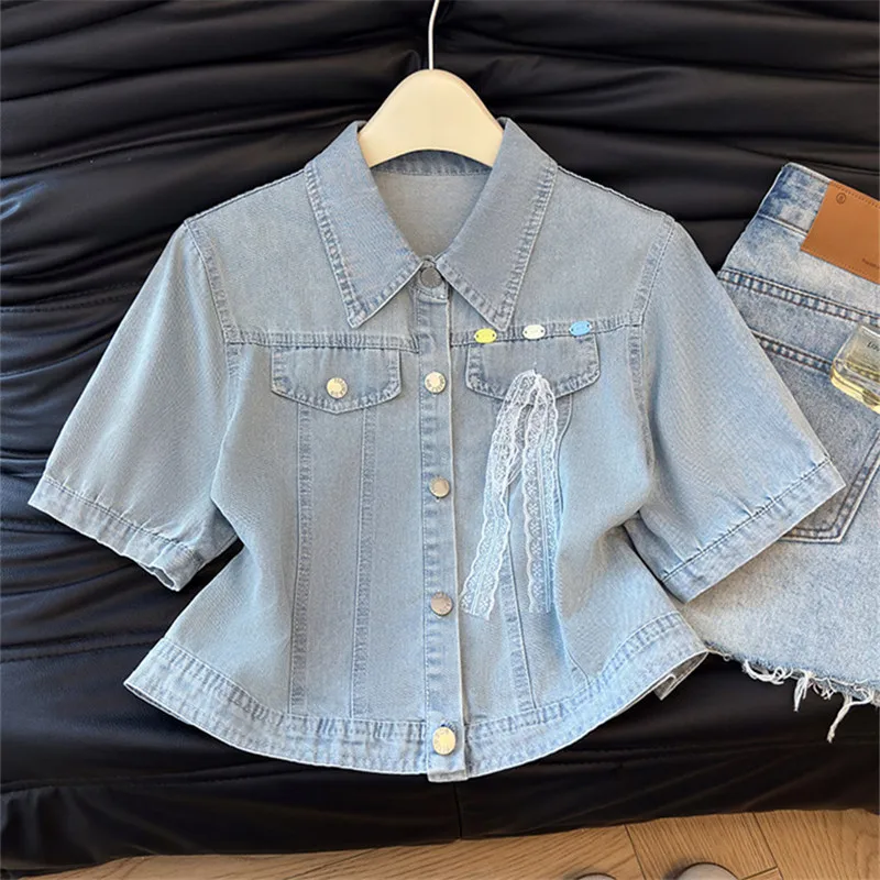 Vintage Light Blue Denim Jacket Summer Women Slim Thin Short Cowboy Outerwear Lace Decoration Lapel Short Sleeve Jeans Jackets