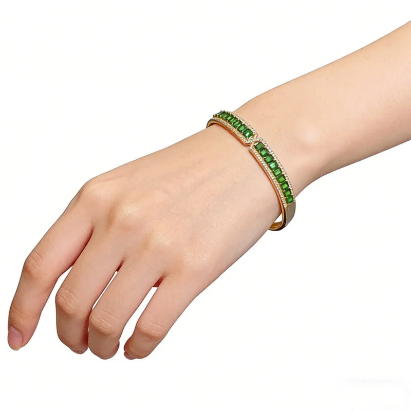 S925 Gold Plated Natural Diopside Bangle Bracelet 3*4mm Rectangle CZ Inlaid Women Gemstone Jewelry Gift