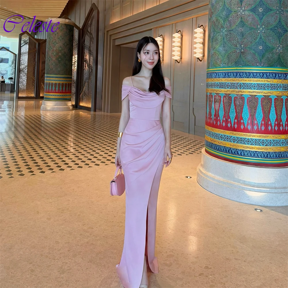 Gaun Pesta Satin Lavender Kustom Gaun Malam Berkualitas Tinggi Gaun Selebriti Celah Samping Tali Spaghetti Tanpa Tali Modern