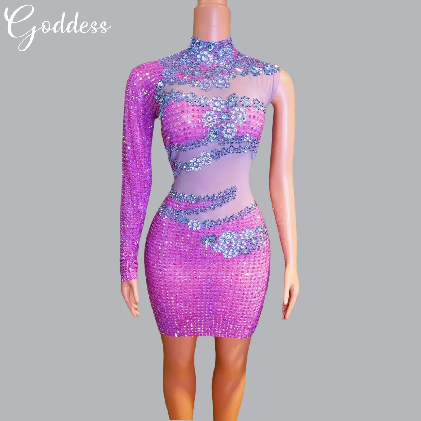 

Gorgeous Pink Rhinestone Dress PUB Showgirl Dance Floor Performance Fancy Dress Irregular Sleeve Hot Dance Party Nightclub Dress