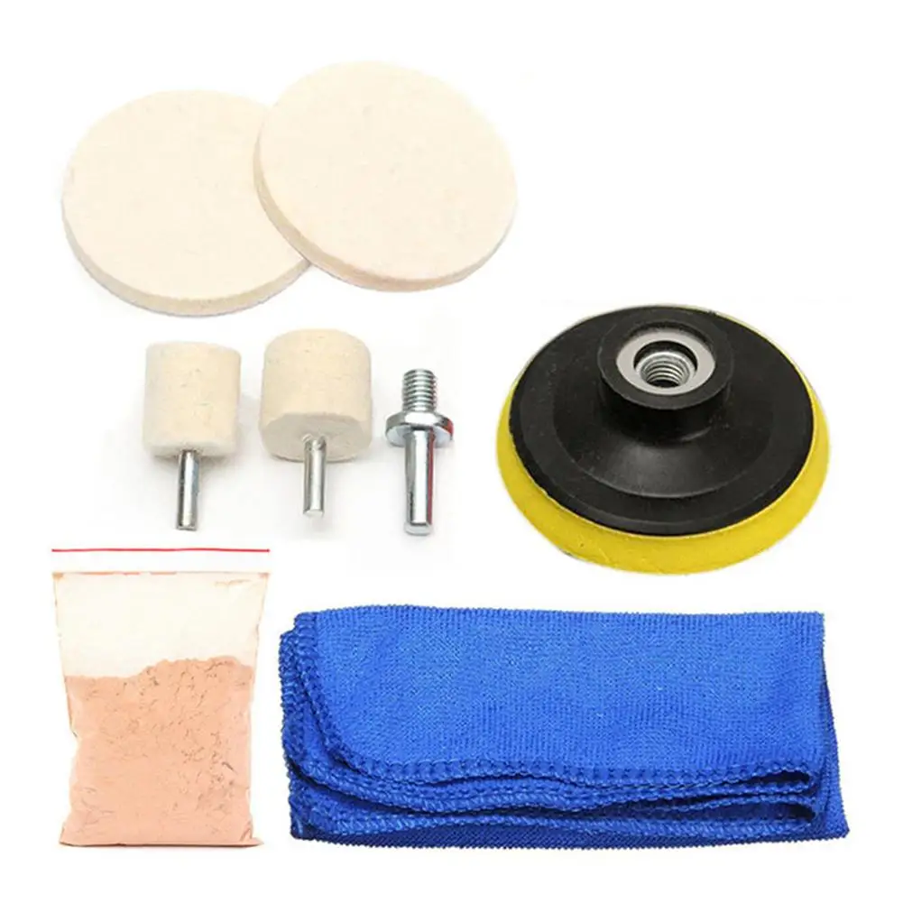 Glass Polishing Pad 8pcs Wool Felt Disc Glass Polishing Kit Buffing Pads Sanding Discs with Backing Pad and M10 Drill Adapter