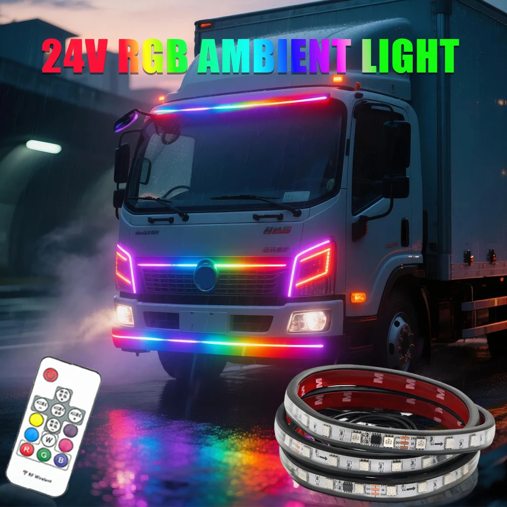 

24 В RGB грузовик, плавные окружающие огни, полосы DRL, сигнальные огни для бега, бар, безопасный сигнал, стоп, атмосферная лампа, аксессуары для грузовиков