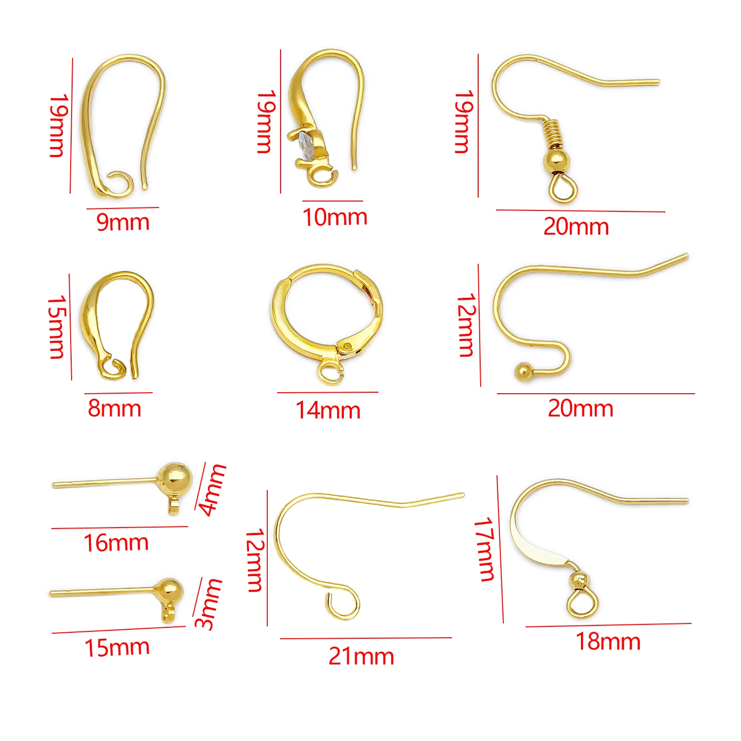 20pcs Earring Hooks 18k Gold Plated Assorted Styles French Wires Hoops Studs For DIY Jewelry Earrings Making Craft Supplies