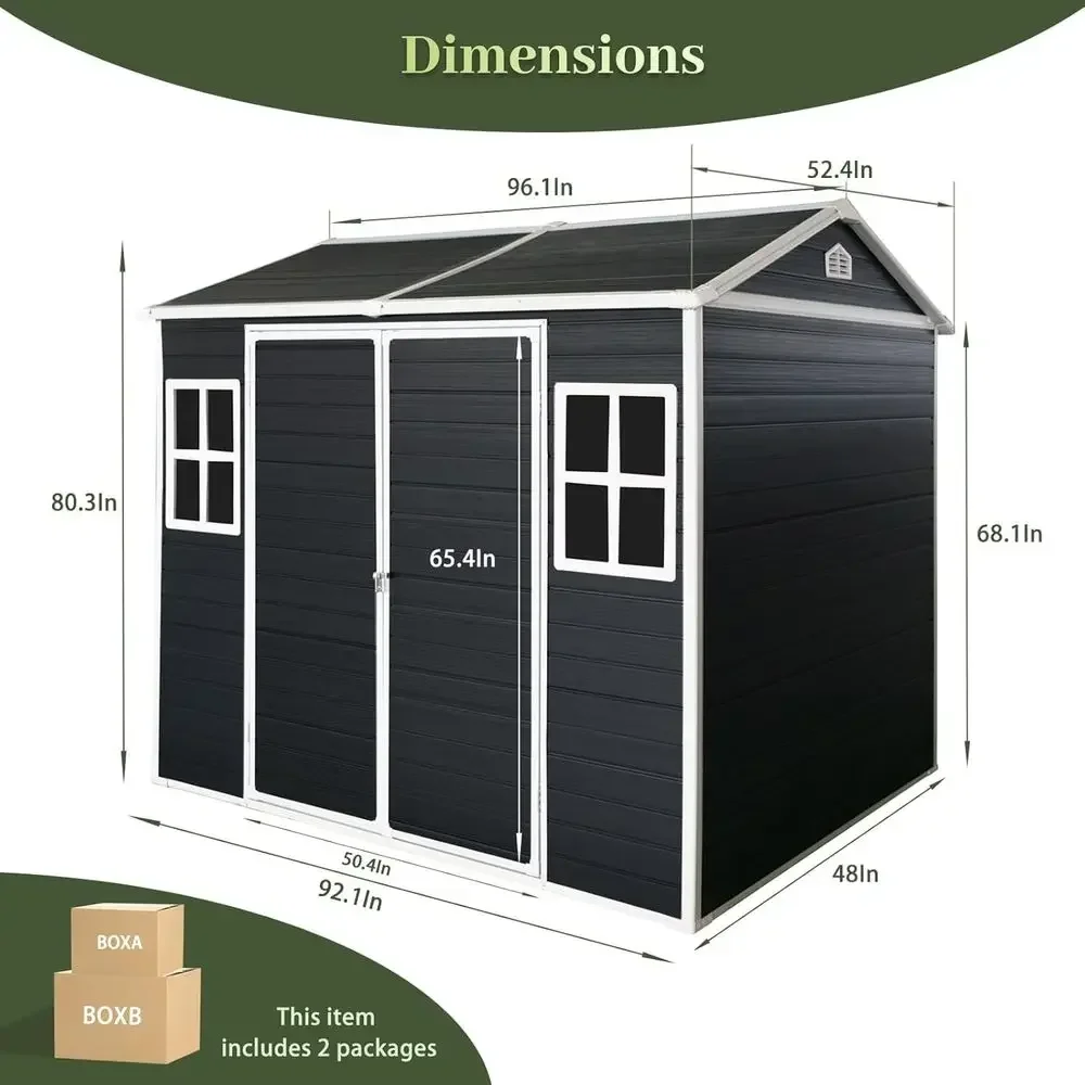 8x4 T-Shaped Resin Shed with Floor, 2 Windows, Lockable Door, Ideal for Outdoor Storage and Garden Tools (Black)