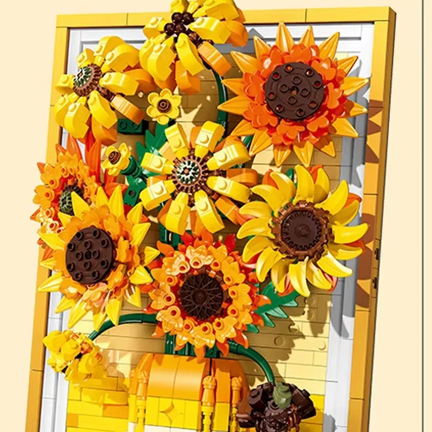

1011 шт. модель подсолнухов, строительные блоки, креативные 3D собранные настенные росписи, украшение, маленькие кирпичи MOC, игрушки, подарки для девочек