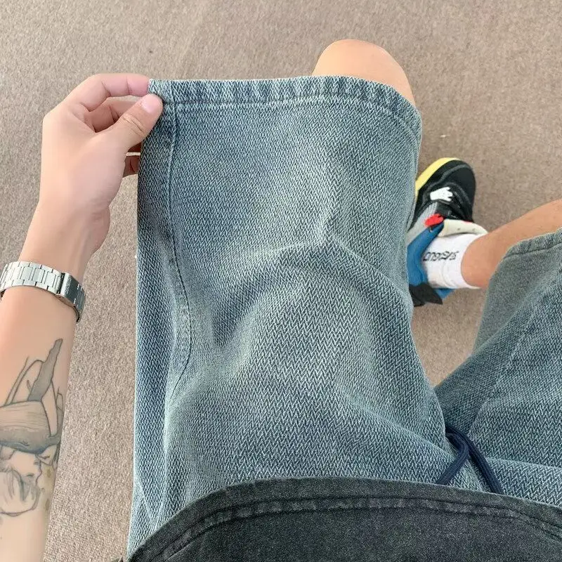 

Мужские джинсовые шорты в американском ретро-стиле, летние, тонкие, свободные, больших размеров, до колена, модные, прямые, с разрезами по бокам