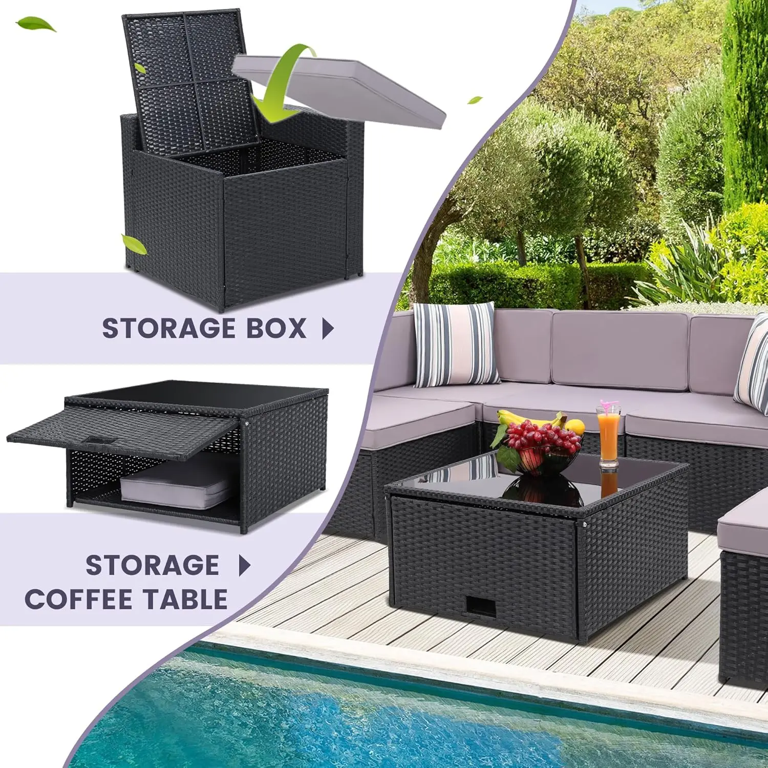 Glass Top Table with Hidden Storage, Includes 7 Seating Components, Black Rattan with Light Grey Overstuffed Cushions