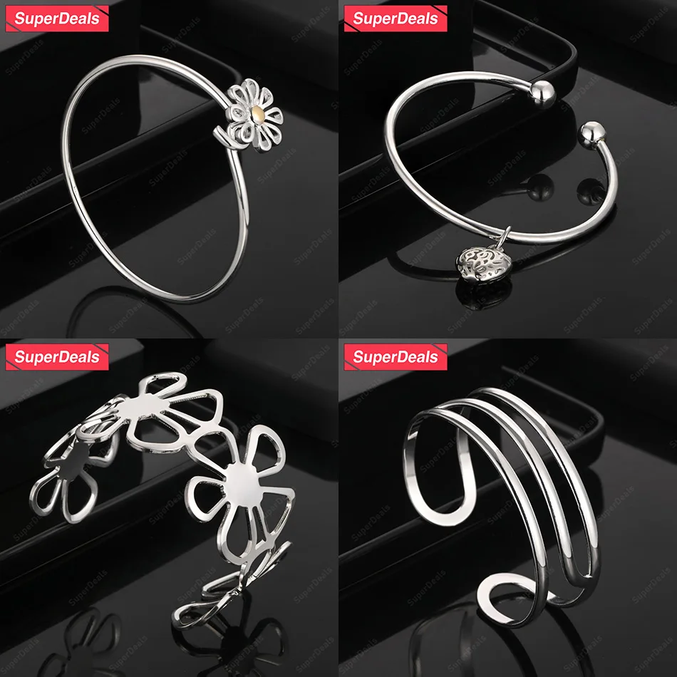 

SuperDeals 925 Sterling Silver Daisy Flower Heart Three Line Adjustable Bangles Women's Beautiful Jewelry Anniversary Party Gift