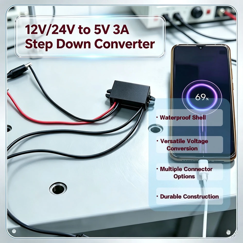 12V24V Step Down to 5V 3A Power Adapter DC-DC Buck Module USB-A Female/Type C/Dual USB/Open Wire Connector Waterproof Converter