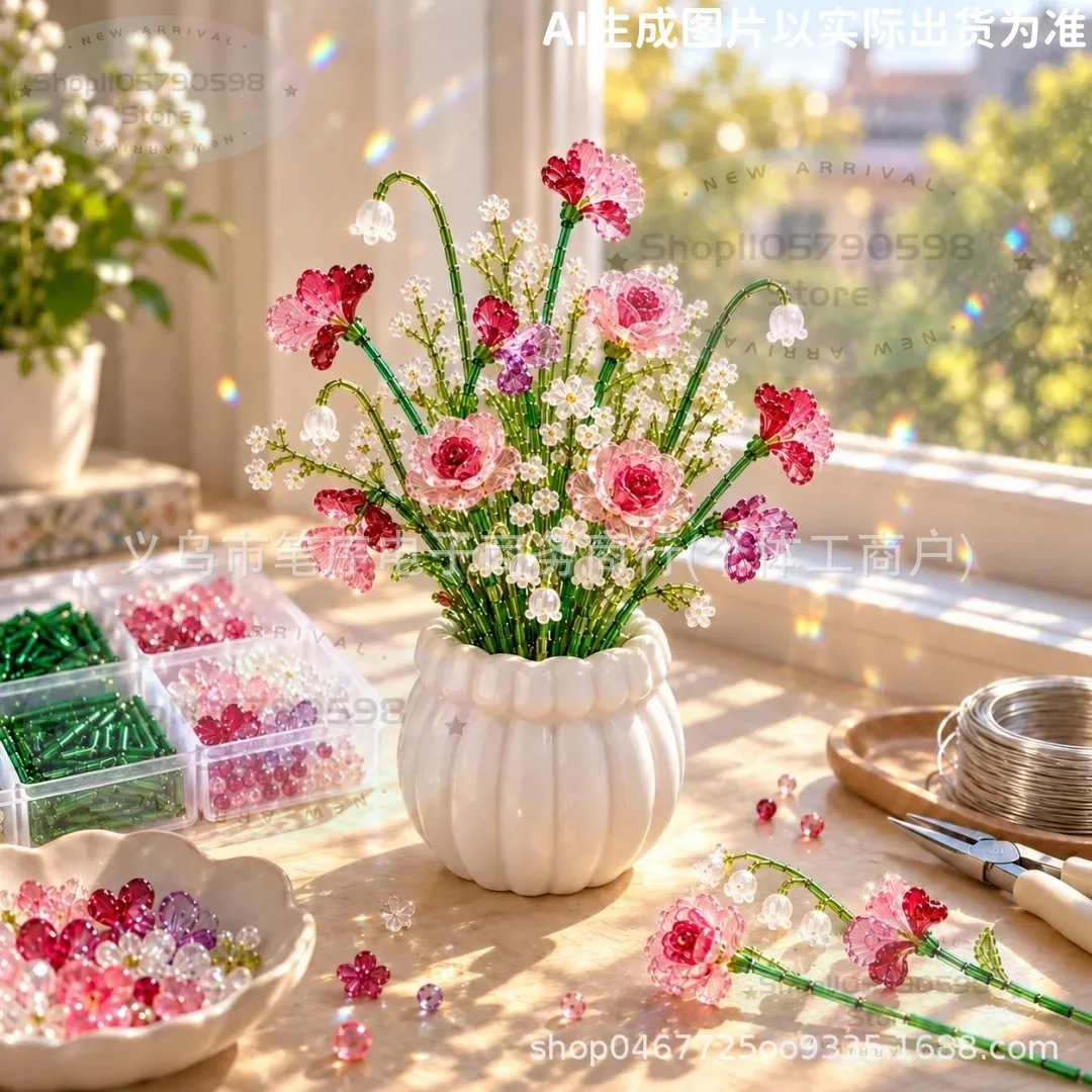 DIY Beaded Wildflower Bouquet Kit, Handmade Crystal-Style Flower Craft Set with Beads, Flexible Wire and Bonsai Pot for Home