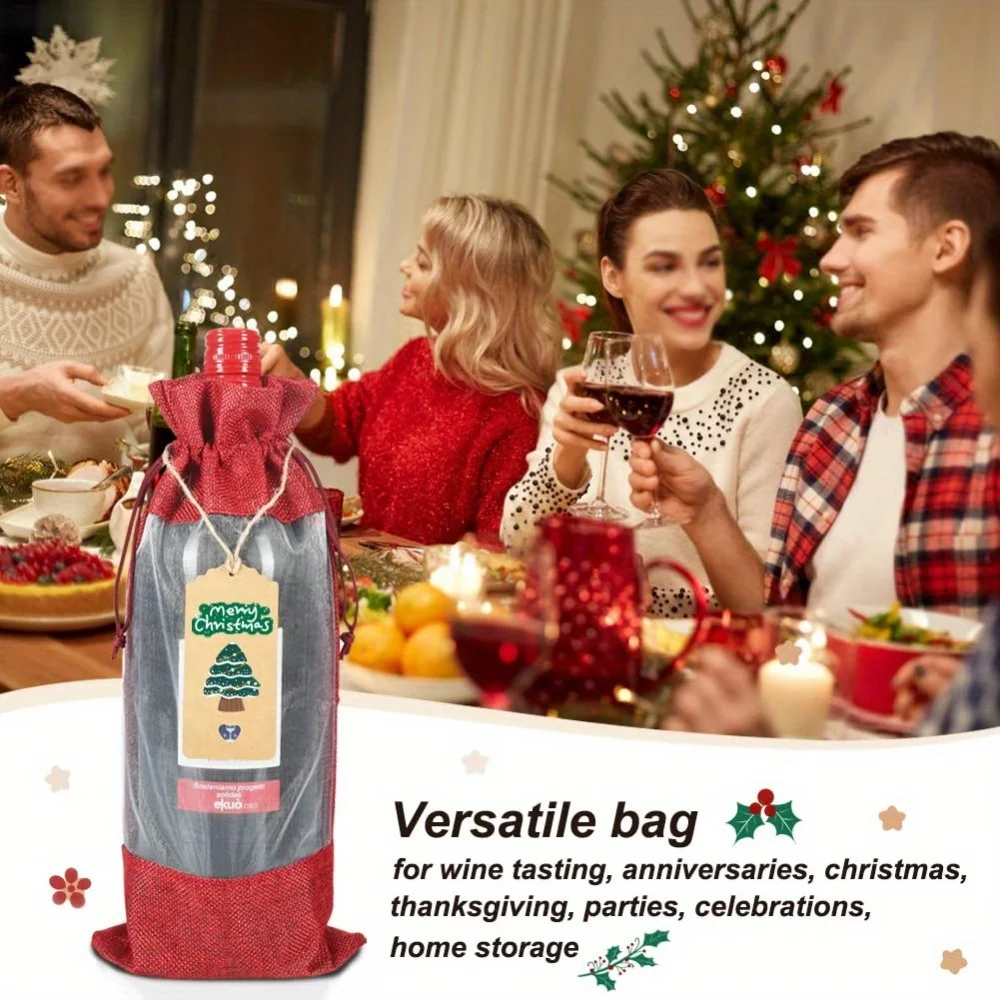 4pcs Wine Bottle Bags 750ml with Sheer Window Organza Hessian Drawstring Gift Bags for Wedding Festival Wine Tasting Party