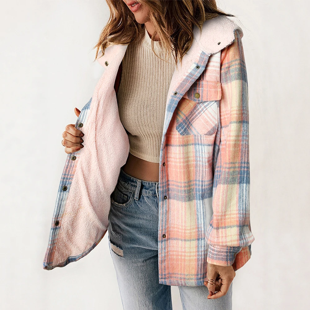 سترة نسائية كورية خفيفة الوزن بنمط منقوش بصدر واحد وطية صدر السترة شيربا وغطاء للرأس للخريف والارتداء اليومي #4