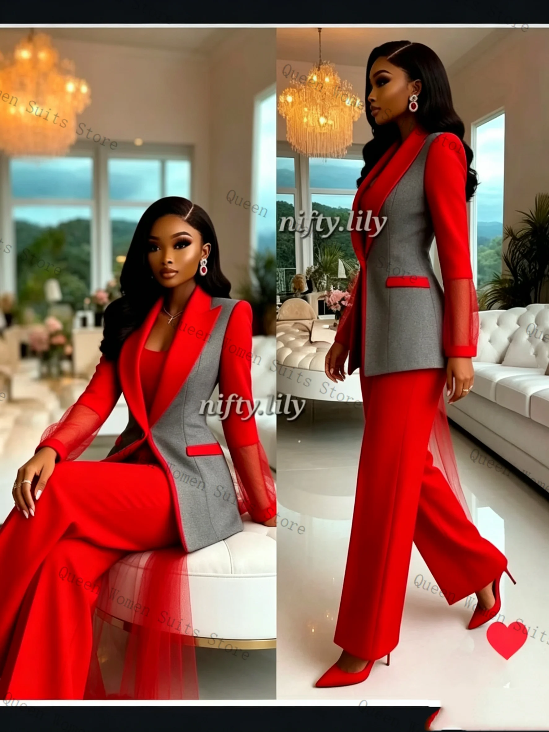 

Formal Red Grey Women Suit Pants Set 2 Pcs Blazer+Trousers Cotton Spring Business Office Lady Jacket Wedding Coat Customized