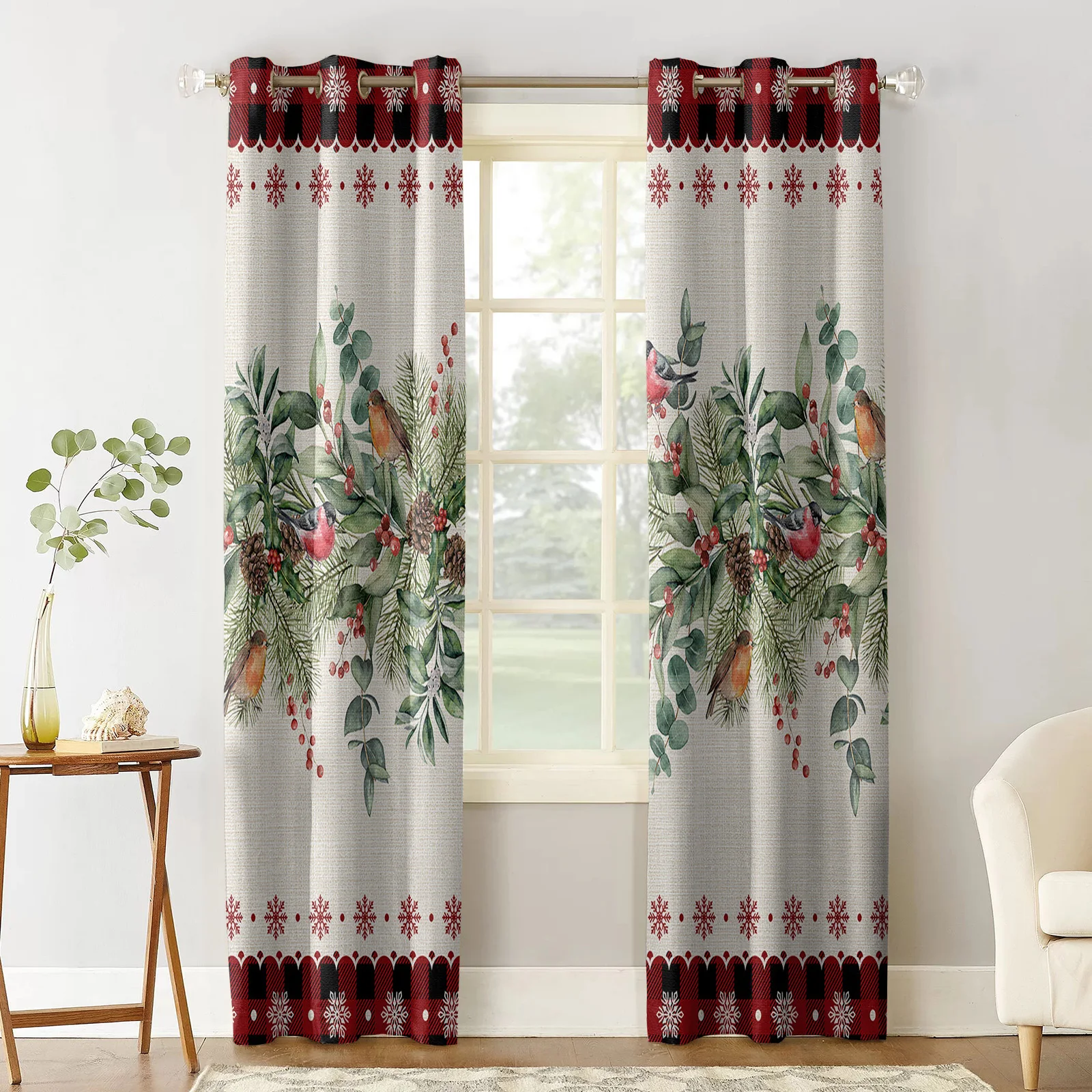 Winter Eucalyptus Berries Fir Tree Robin Curtain Kids Bedroom Kitchen Curtains Modern Living Room Home Decor Window Treatments