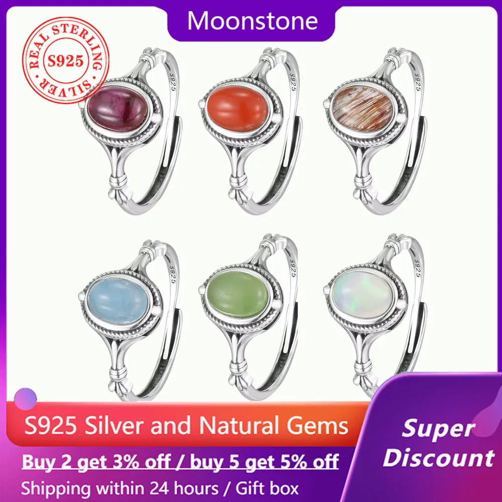 

S925 silver paired with natural mineral agate opal women's ring party jewelry gift exquisite and simple men's ring moonstone