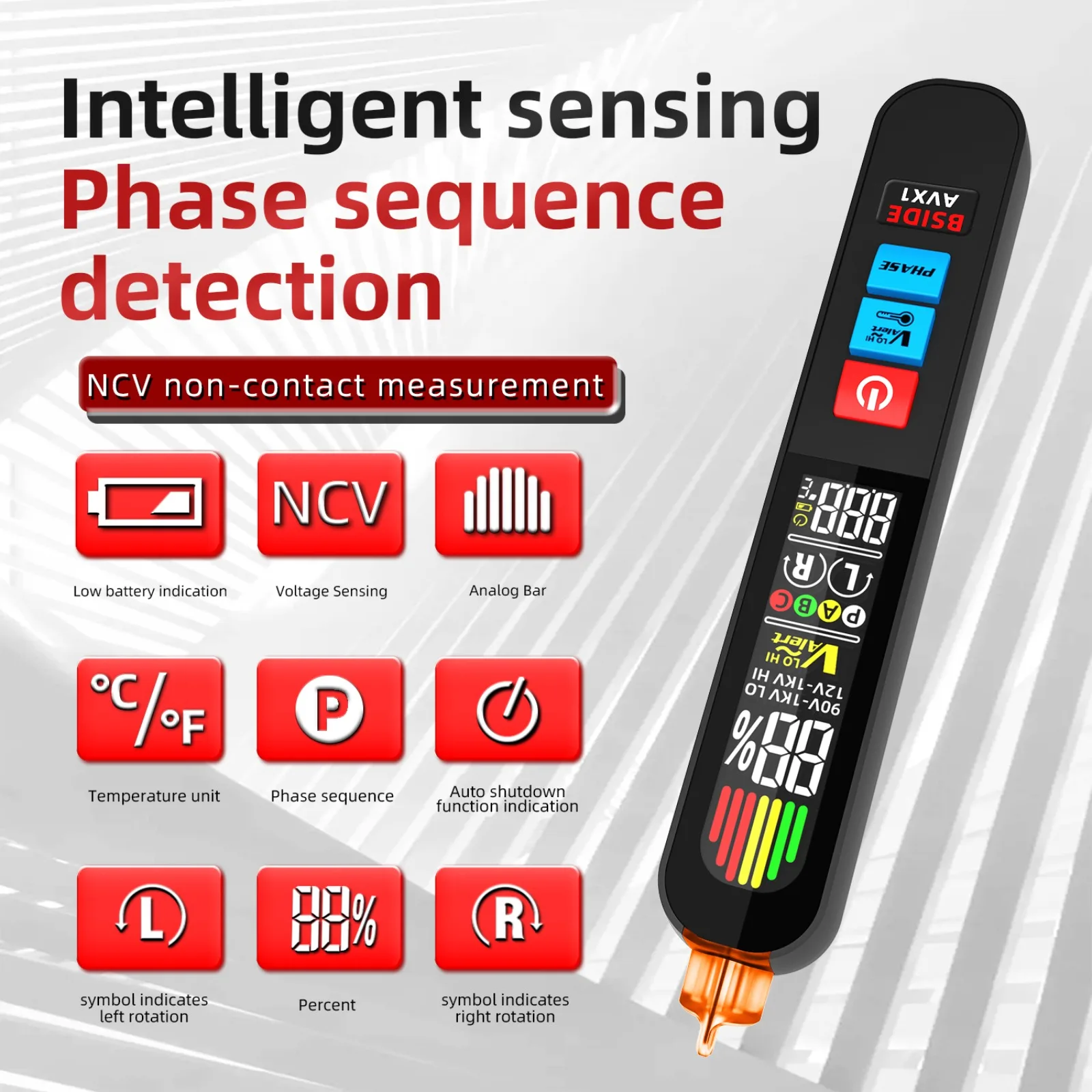 

BSIDE AVX1 Phase tester/Voltage Detector | NCV Tester 2-in-1 | Hi/Low Sensitivity | Color LCD | Temp | USB-C 400mAh