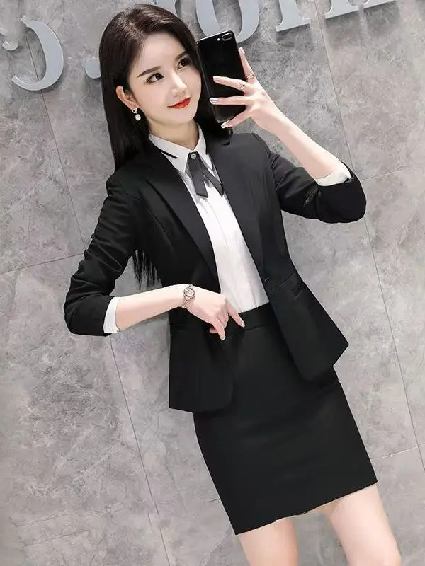 

Костюм для деловых женщин больших размеров: пиджак, топ и юбка в корейском стиле, свободный крой, длинный рукав, юбка с высокой талией