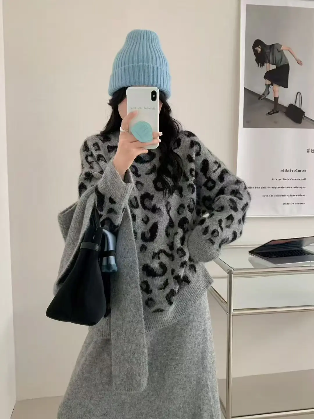 

Женский свободный вязаный свитер с леопардовым принтом, пальто с поясом на талии и шило, осенне-зимний теплый модный комплект, футболки