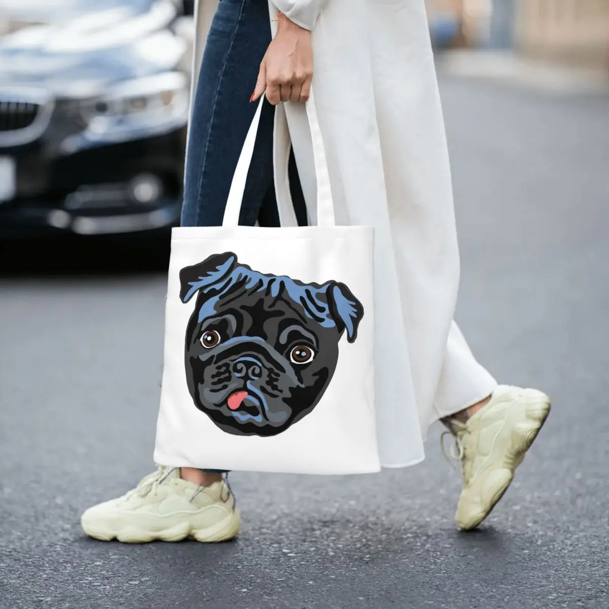 

Черные сумки для покупок с мопсами, складная холщовая сумка-тоут, женская сумка через плечо, дорожная сумка