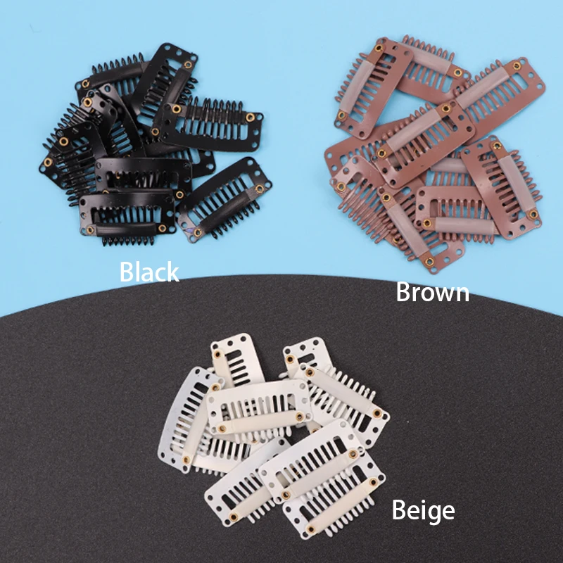 10Pcs 32Mm Hair Clips U-Shape Metal Clips For Hair Extensions 9-Teeth Wig Clip For Women Wig Accessories Black Brown Beige