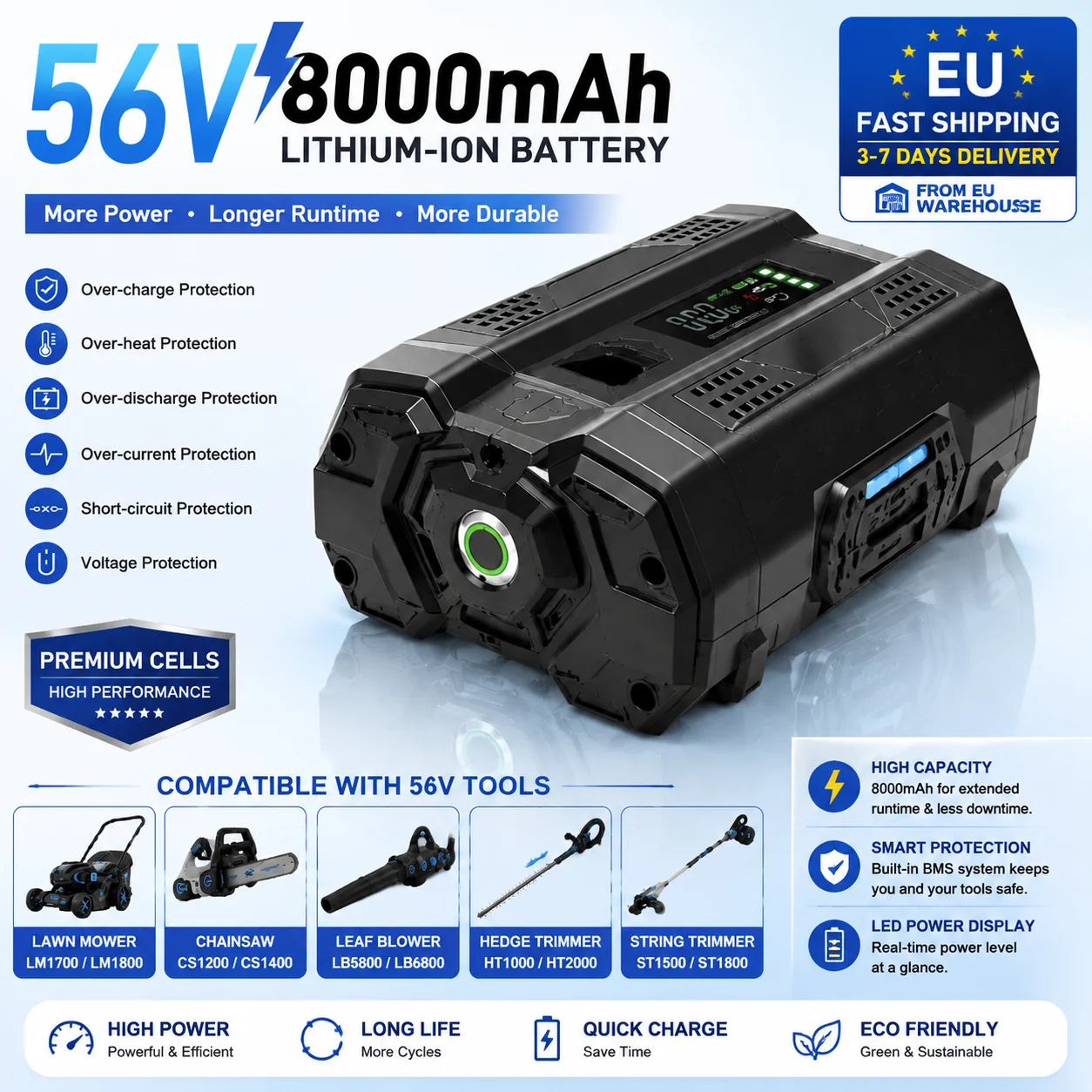 Image of 56V 8Ah wiederaufladbarer Lithium-Akku als Ersatz für BA2800 BA2800T BA4200 BA4200T BA1400 kabellose Outdoor-Werkzeuge, Premium-Zellen Hochleistungs-Akkupack mit Überladeschutz und LED-Anzeige,