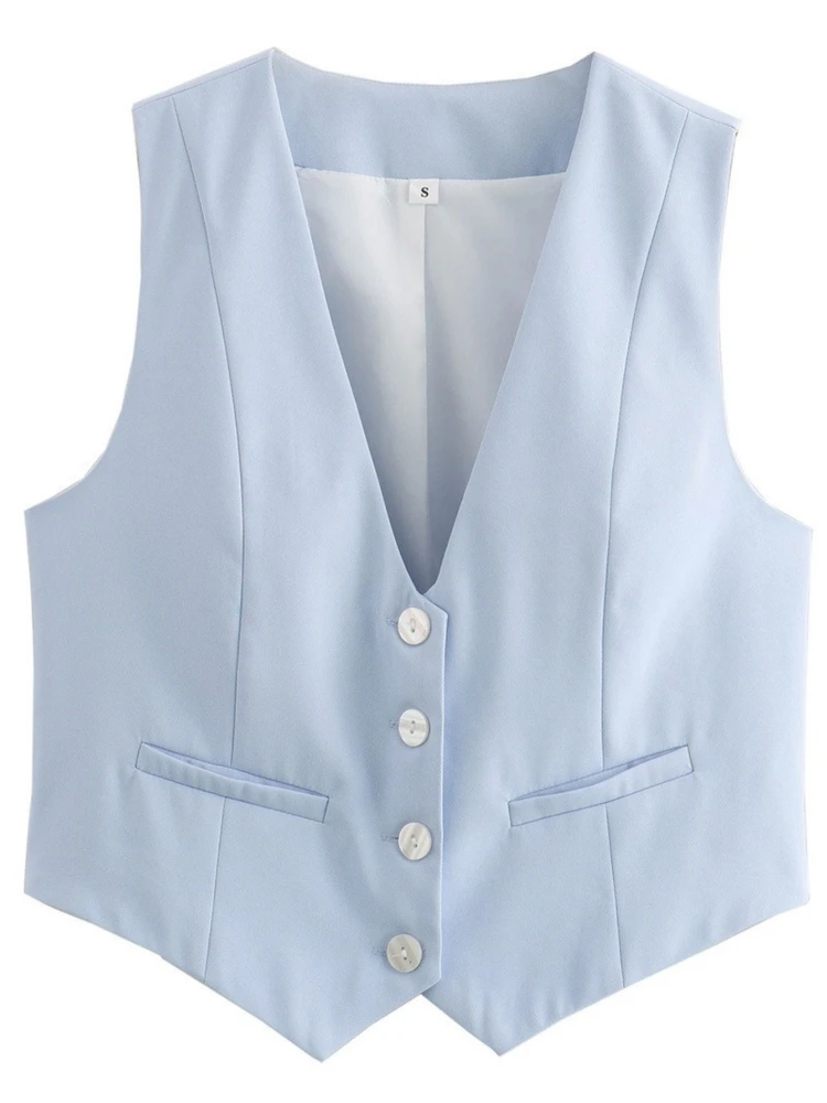 

Faionable Classic Women's Vest 6 Colors Summer New Arrival Thin Polyester Fiber V-Ne ort Length Single Button Closure