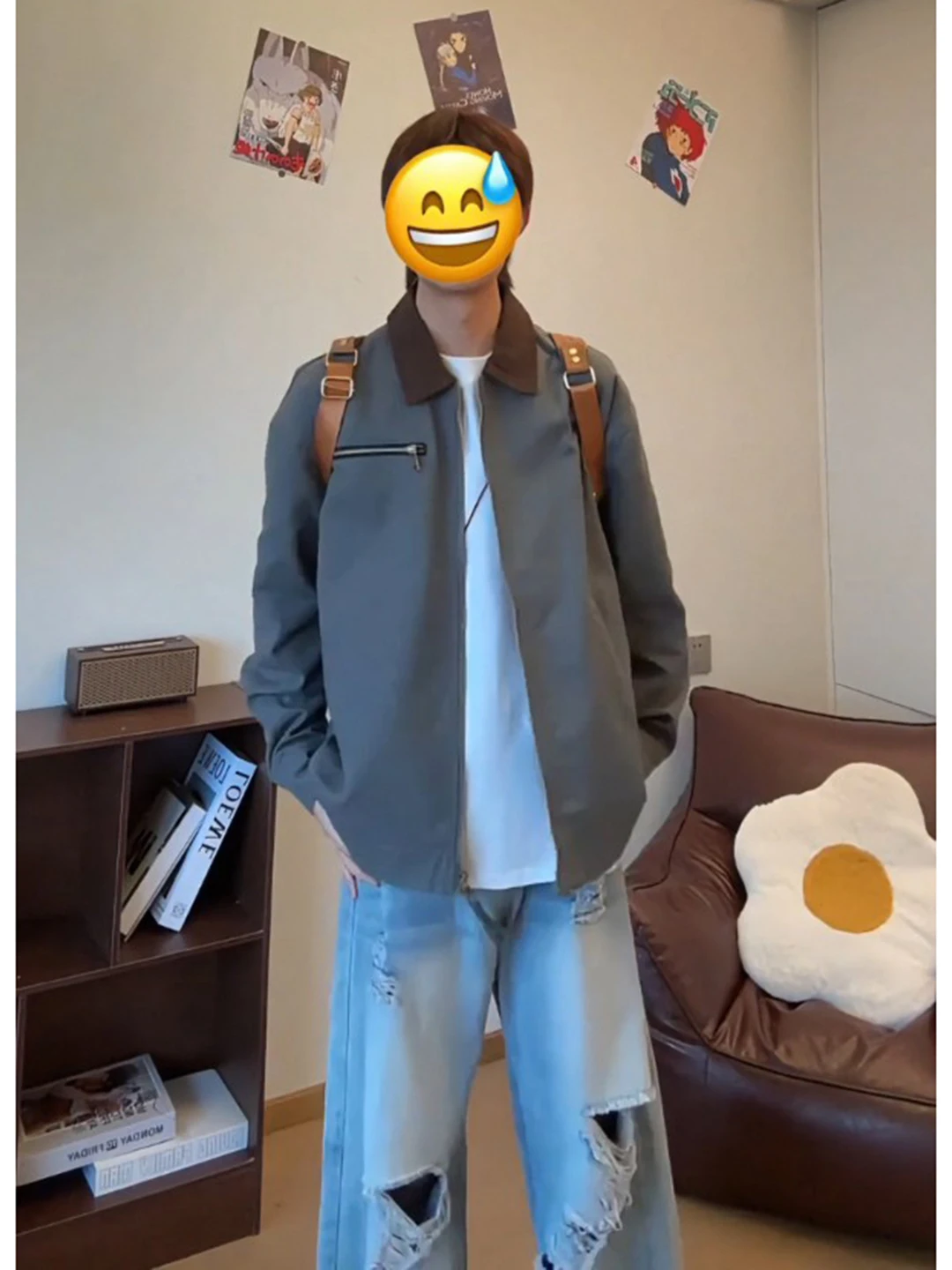 

Washed Vintage American Style Baseball Jacket Short Length Men's Autumn Cleanfit Faded Outfit Retro Collar Zipper Closure