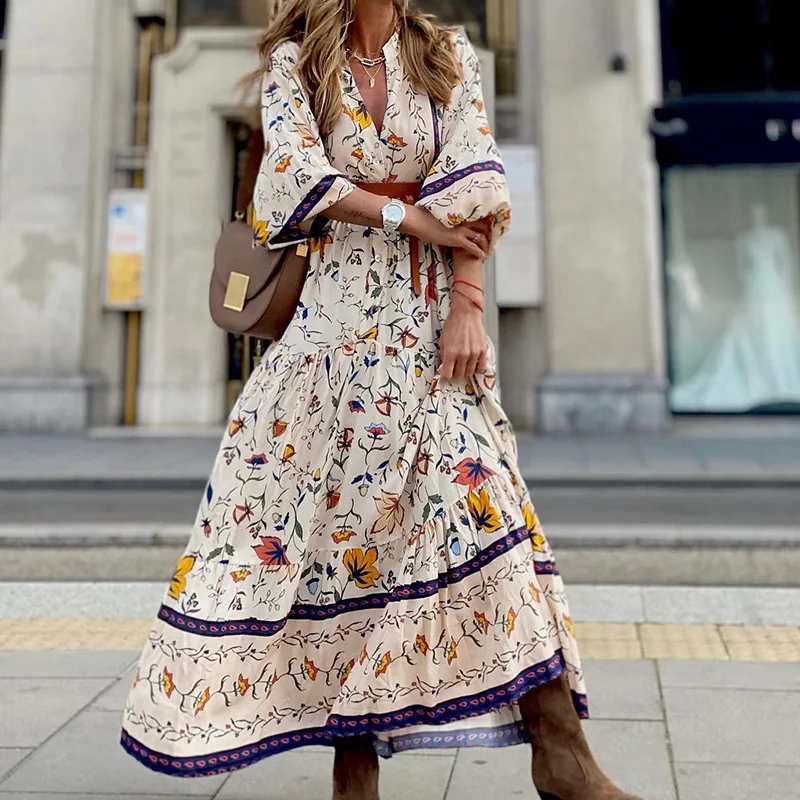 

Summer Women's Printed V-Neck Long Sleeve Fashion Dress Sexy Flower Midi Dresses Vintage Clothes Without belt Vestidos 2024