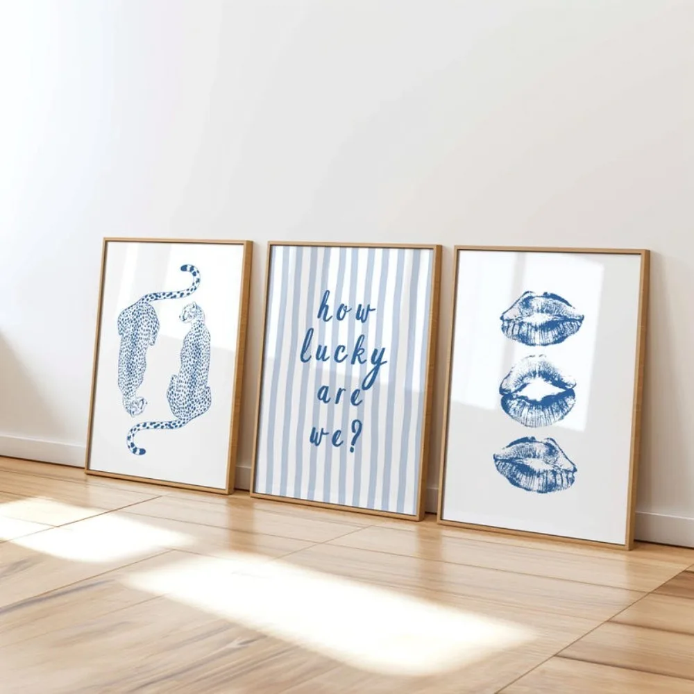 3 Frameless Navy Blue Dormitory Poster Canvas Paintings, Blue Stripes How Lucky Are We, Fashionable Retro Y2k Aesthetic Prints
