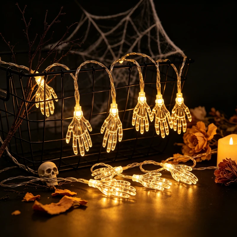 Battery Operated Skeleton Hand Fairy Lights, Warm White Ghost Hand String Garland for Indoor Outdoor Halloween Party Home Decor