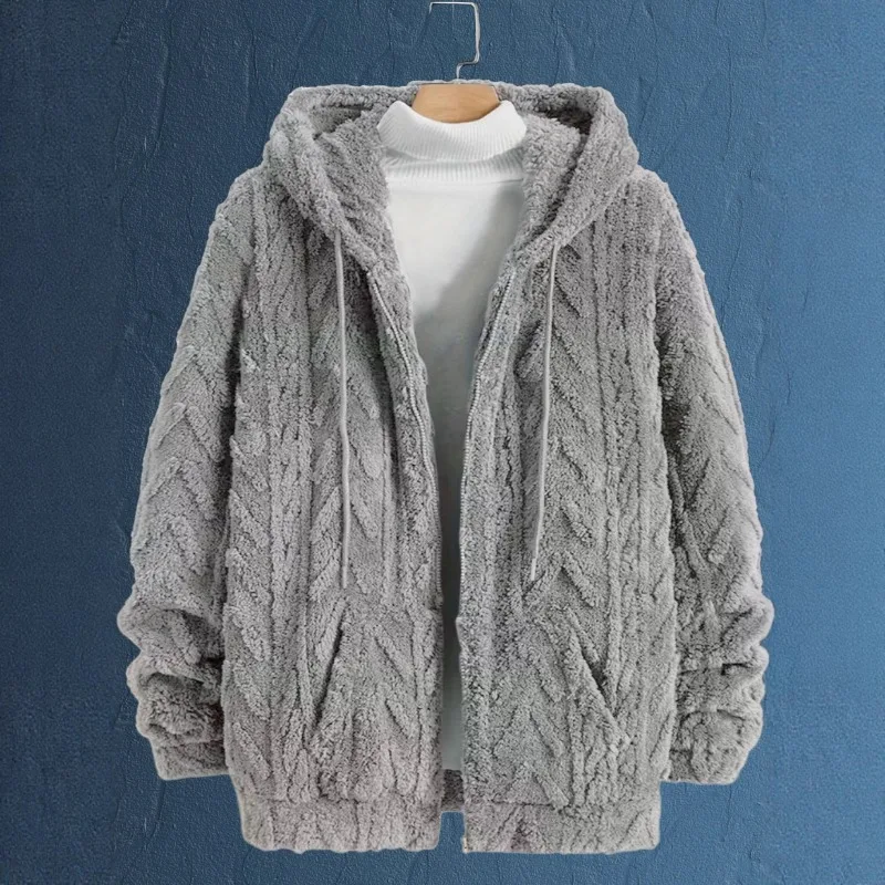 

Новый осенне-зимний меховой пальто с текстурой, повседневный однотонный мужской топ с капюшоном, кардиган, толстовка, куртка