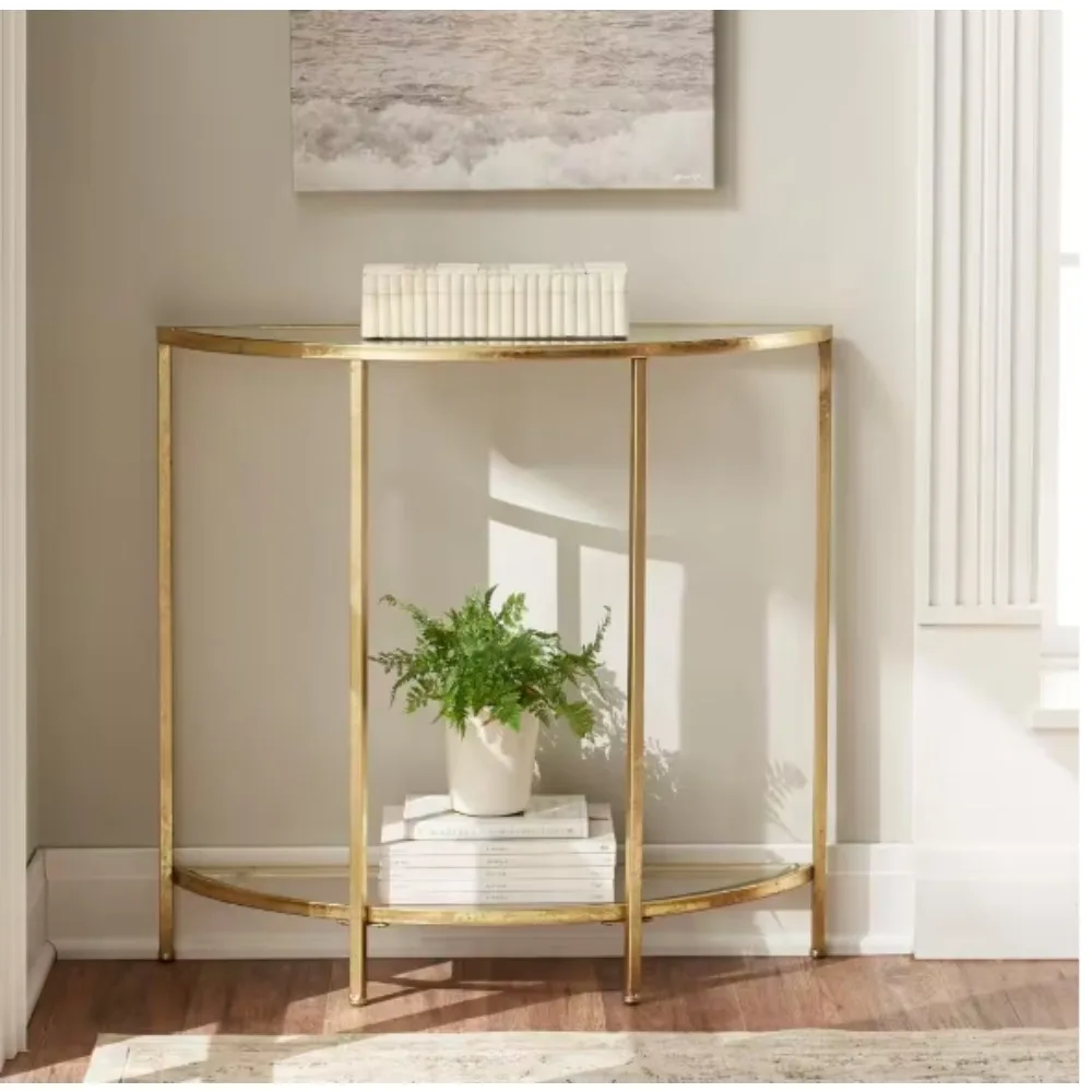 

Консольный столик в форме полумесяца из золота металла и стекла с местом для хранения (30 дюймов. В х 32 дюйма. L)