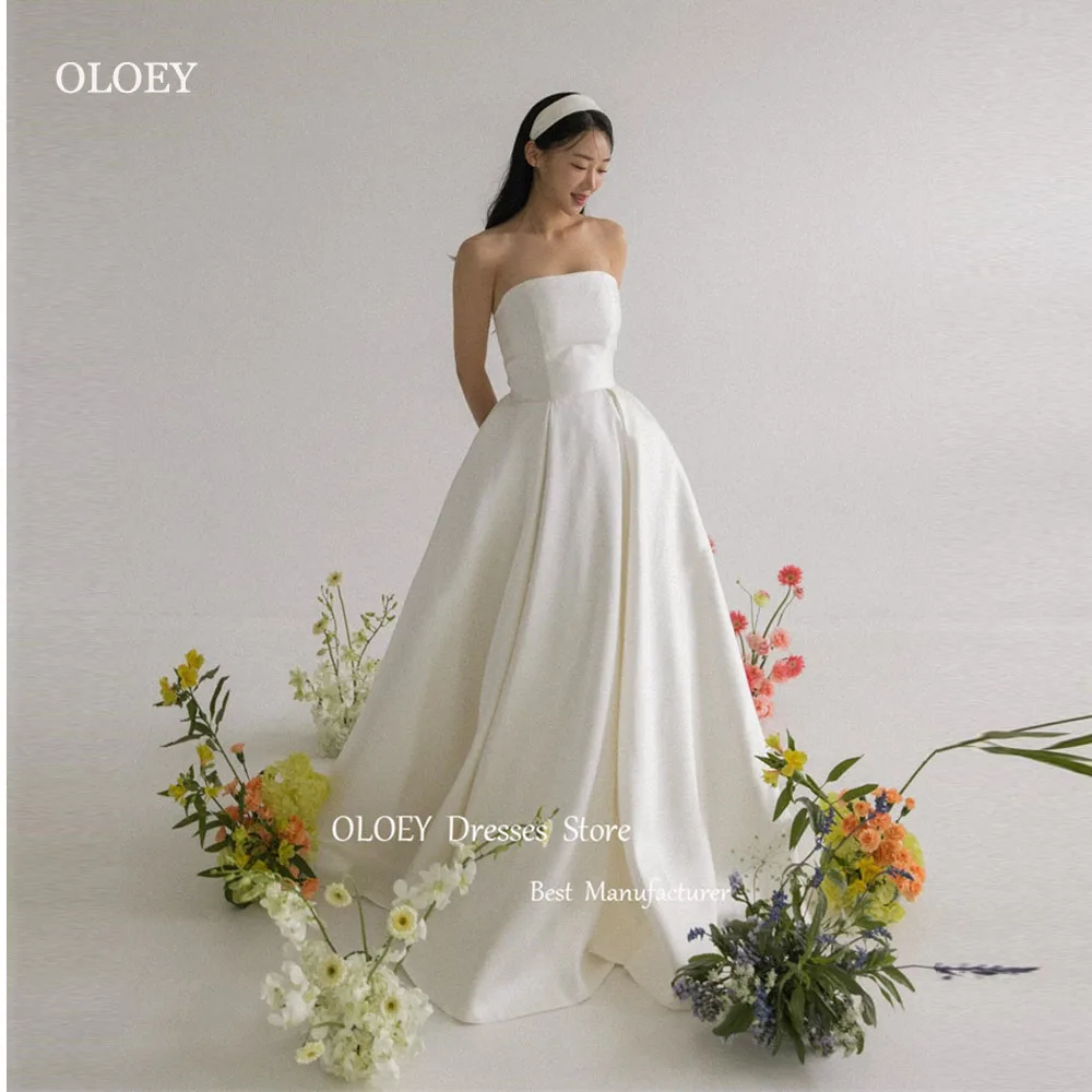 

OLOEY Simple A Line Satin Wedding Dresses Korea Photoshoot Strapless Floor Length Bridal Gowns Corset Back Plus Size