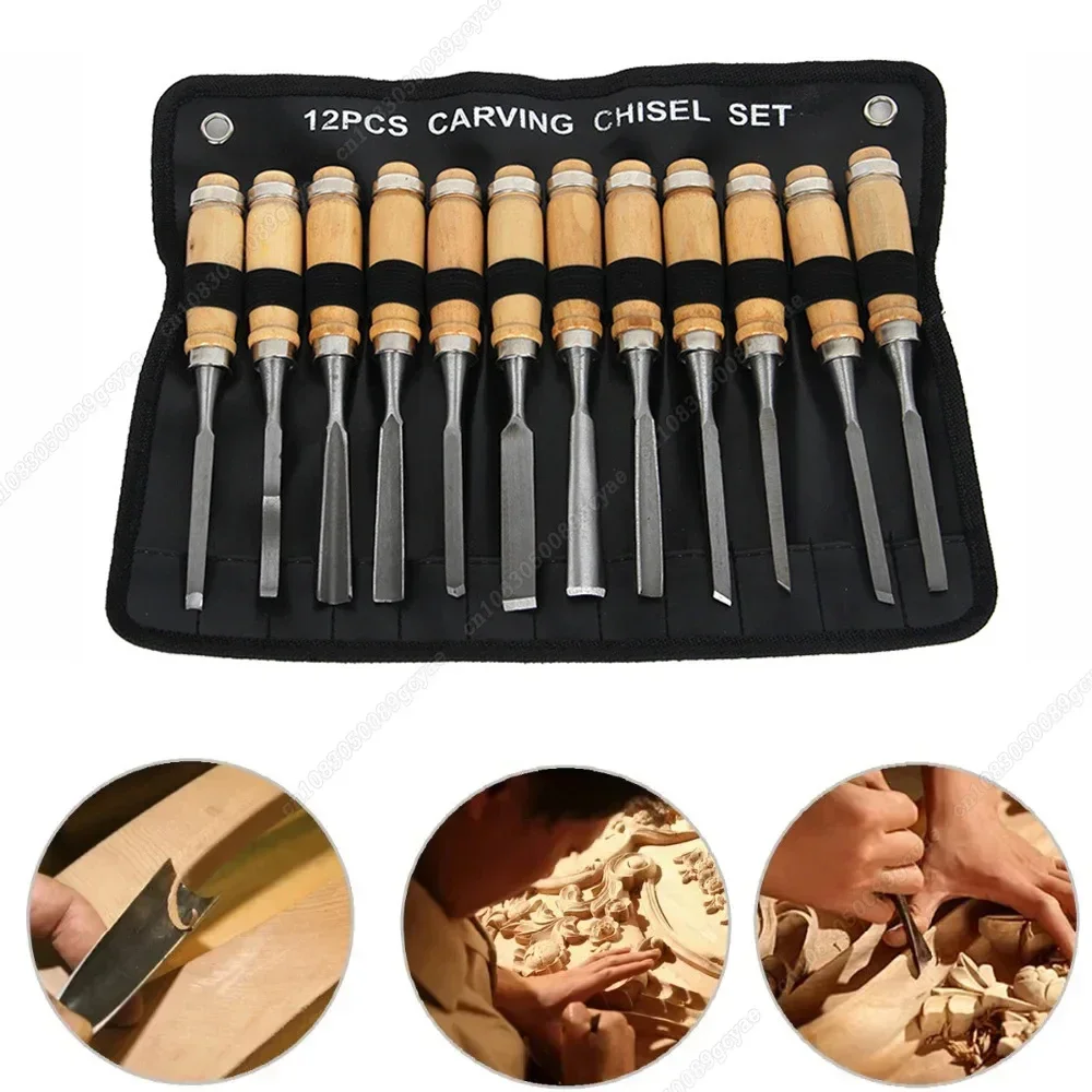 12Pcs/set Steel Wood Carving Hand Chisel Tool Set Woodworking Professional Lathe Gouges Construction An Carpentry Tools