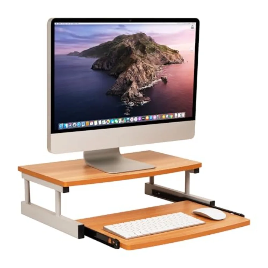 

Monitor Stand Sliding Keyboard Drawer Laptop Riser Office Wood/Metal 20"L x 14.75"W x 5.9"H Brown Silver