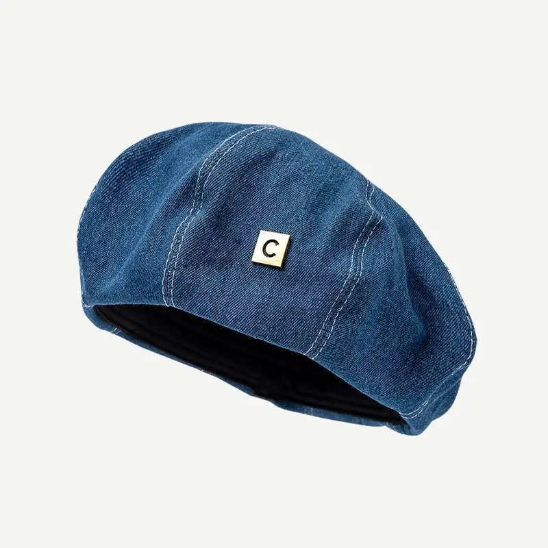 قبعة بيريه من الدنيم للنساء مقاس كبير للرأس للربيع والخريف مطبوعة بحروف زرقاء وجه مستدير قبعة فنان مثمنة كلاسيكية #5