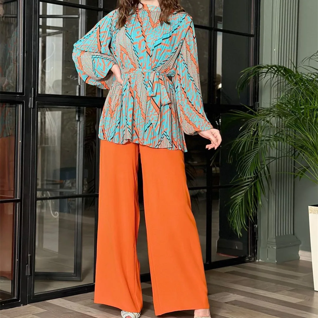 Eid Muslim Set Women 2 Piece Sets Musulman Ensemble Split Print Lace Up Blouses Wide Leg Pants Casual Arabic Ramadan Suits