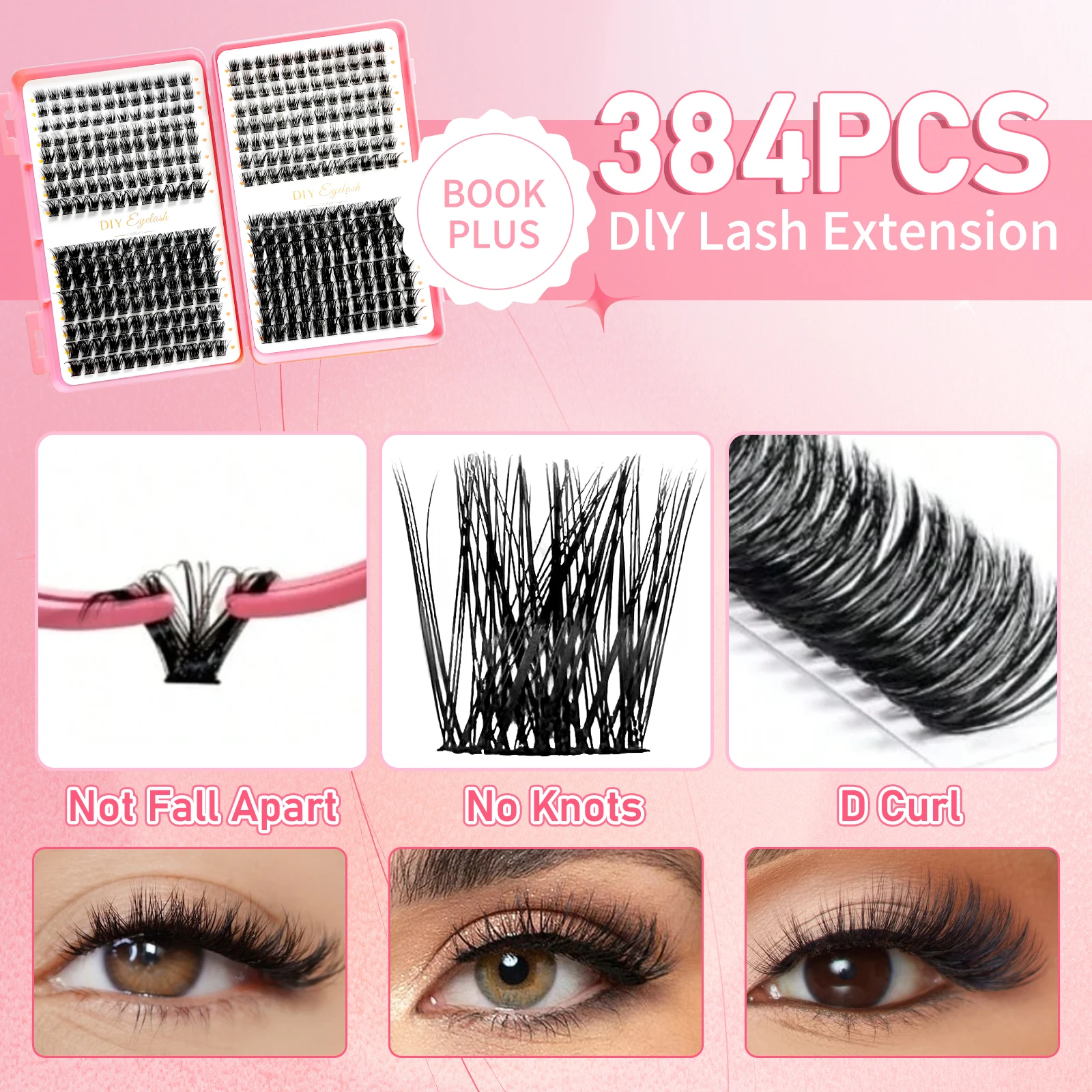 384PCS DIY Lash Extension Clusters Kit - D Curl 0.1mm Ultra-Thin Band Individual Lashes, Soft Wispy Natural Lash Clusters for Be image 3