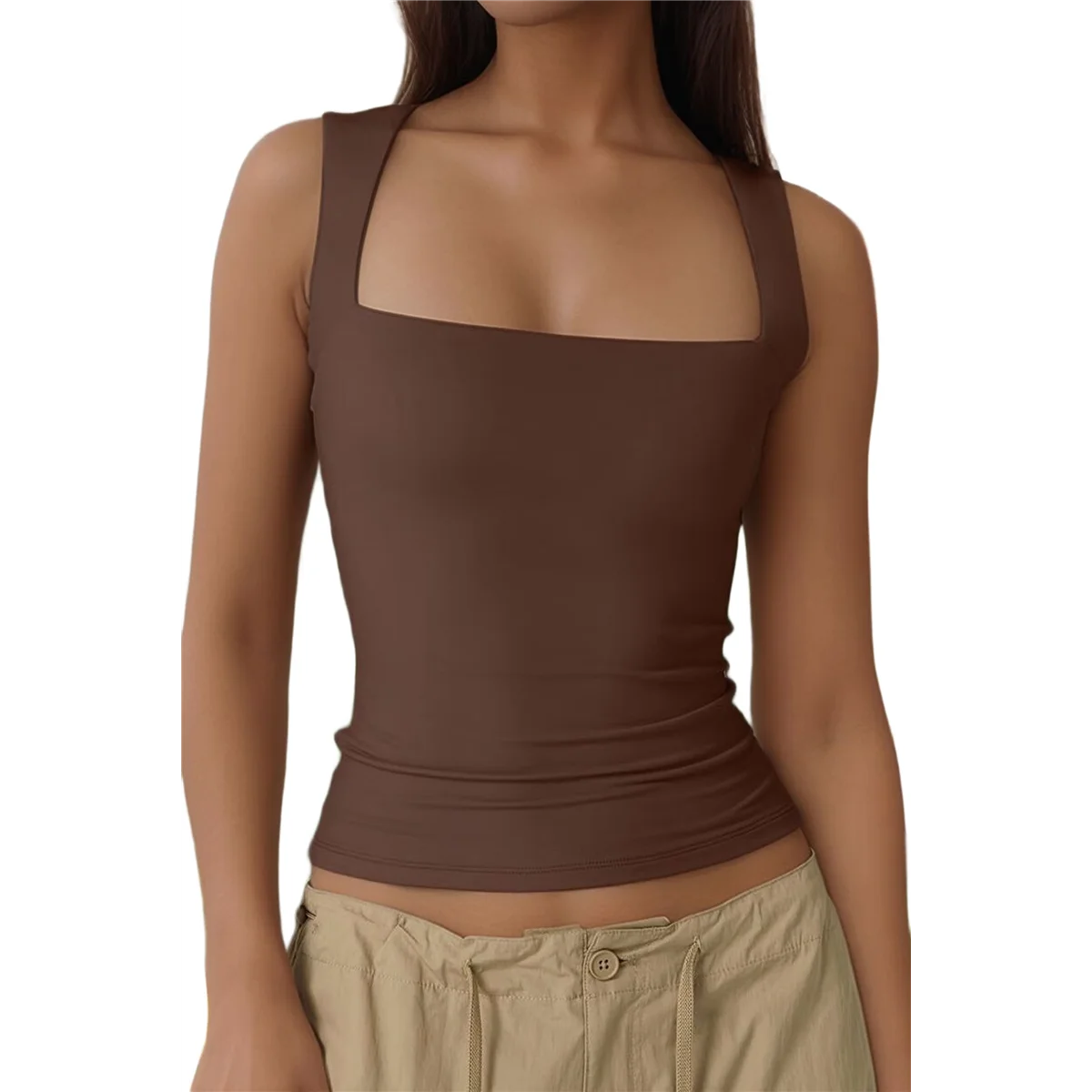 FZFZ レディース スクエアネック ノースリーブ タンクトップ コーヒー M