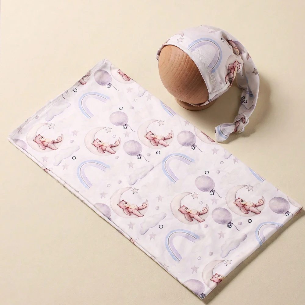 Ylsteed Bear Print Newborn Photography Wrap Blankets Matching With Hats Infant Photography Props Cartoon Picture Shoot Swaddle