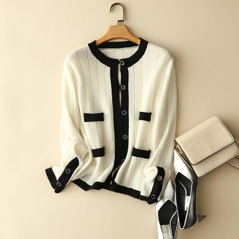 masigoch autumn france new contrast chic outerwear luxury knits 100% cashmere cardigan women