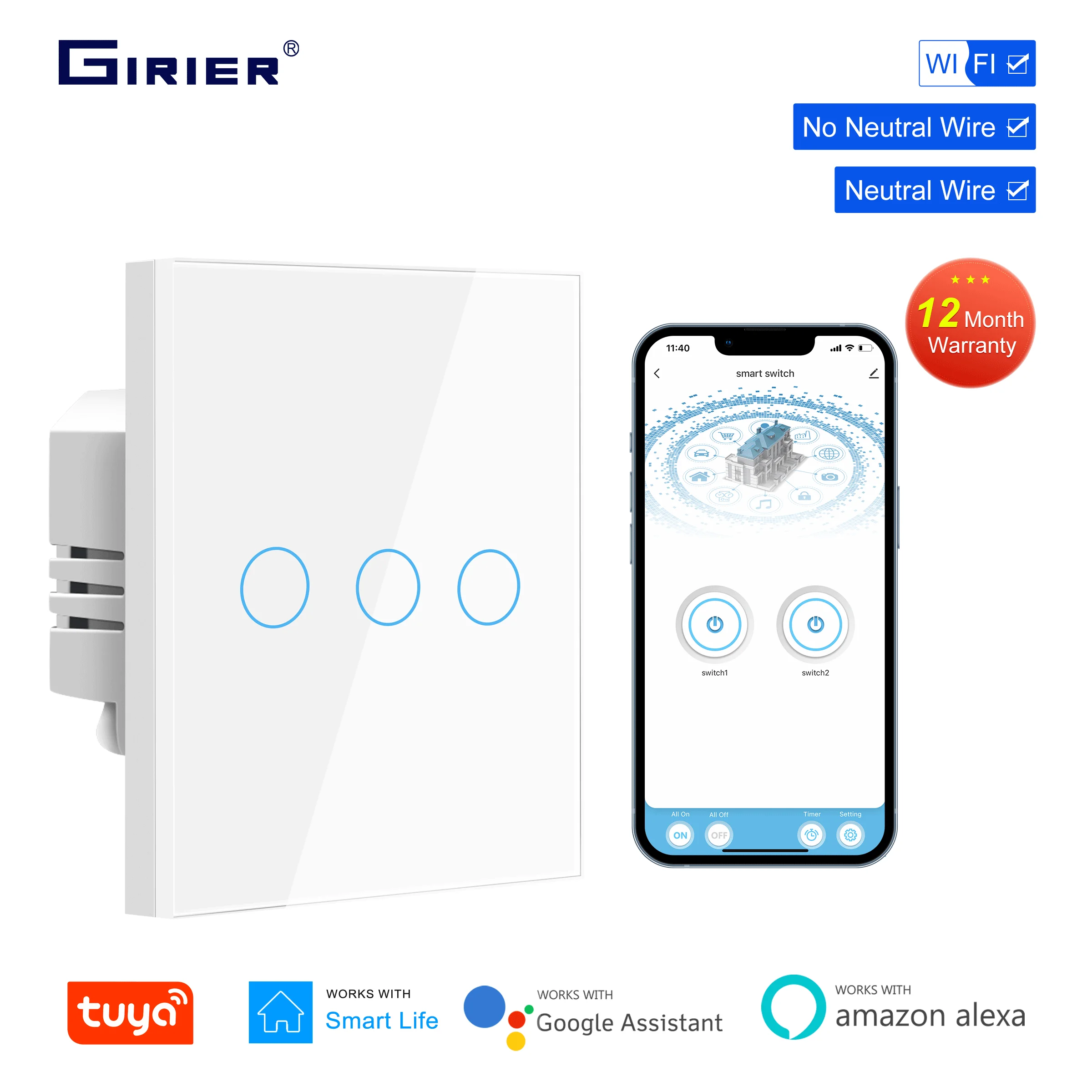 GIRIER Tuya Smart WiFi Light Switch nessun cavo neutro richiesto interruttore a parete Touch Panel 1/2/3 Gang funziona con Alexa Alice Hey Google