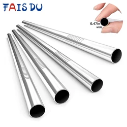 FAIS DU 4Pcs 12mm Reusable 304 Stainless Steel Straw with Cleaning Brush for Easy Sipping of Thick Smoothies and Milkshakes